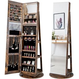 HOMASIS 3 in 1 Armadietto Portagioie 360° Girevole, Specchiera Portagioielli con Serratura, Organizzatore Trucchi per Gioielli, con Specchio a Figura Intera e Luci LED, Ripiani sul Retro (Industriale)