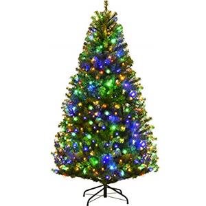 COSTWAY Albero di Natale 120/150/180/210 cm, Albero di Natale con Luci Incorporate 11 Modalità di Illuminazione, 300/600/1000/1570 Rami e Base in Metallo, Perfetta per Casa e Negozio (210cm)