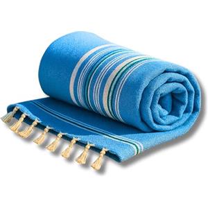 o-day Telo Mare Cotone Fouta 170x90 cm - Asciugamano Mare Cotone Leggero per Spiaggia, Lettino, Viaggio, Uomo Donna, Righe, Salvaspazio (Grigio Chiaro con Righe Azzurre)