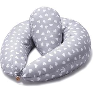 Niimo Cuscino Gravidanza e Allattamento per Dormire di lato con Cuscino Piccolo Multifunzionale Federa Esterna 100% Cotone Sfoderabile e Lavabile Uso Versatile (Grigio Cuori Bianchi)