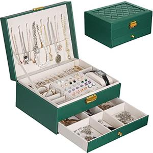 YOCOLE Portagioie Donna, 2 Livelli Porta Gioielli da Viaggio Ragazza in Pelle PU, Grande Gioielli Scatola Organizer per Anelli, Orecchini, Collane, Orologi, con Serratura e Chiave, Verde