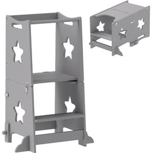 AIYAPLAY Torre Montessoriana Bambini Convertibile in Set Tavolo e Sedie con Barra di Sicurezza, Sgabello per Bambini 3-6 Anni in Legno, Torre di Apprendimento per Bagno, Cucina e Toilette, Grigio