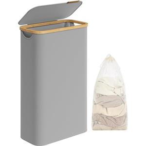 SONGMICS Cesto Portabiancheria con Coperchio, Cesta per Bucato, 65L, Salvaspazio, Sacco Rimovibile, Tessuto Oxford, Manici di Bambù, Pieghevole, 42 x 22,5 x 70,5 cm, Grigio Tortora LCB506G01