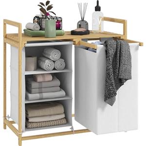 HOMCOM Cesto Portabiancheria in Bambù, Mobile Portabiancheria da Bagno con Maniglie, 2 Borse Estraibili e Ripiano a Doghe, 70x36x70 cm, Bianco