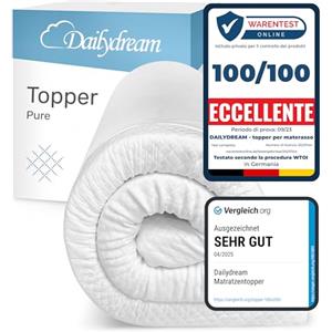 Dailydream Topper una piazza e mezza 120x200 cm memory foam, altezza 3,5 cm, «Edition Pure, Model S », Topper per materasso, divano letto o letto da campeggio, Coprimaterasso confortevole