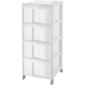 Sicignano Casalinghi Ingrosso Casalinghi Sicignano | Cassettiera a 4 Cassetti con Piedini e Ruote, Polipropilene, Linea Bambù - Design Moderno, Ideale per Casa e Ufficio - 38.5x39.5x86h cm, Colore Bianco, Made in Italy