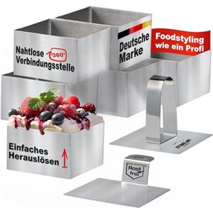 STONELINE Set di Coppapasta 8 Pezzi, Anelli per Torte 8x8 cm, Altezza 5 cm, in Acciaio Inox, Quadrato, Pressa Stantuffo Paletta Base, Stampo Rettangolare Coppa Pasta per Torte Dessert Mousse Alimenti