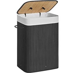 SONGMICS Cesta Portabiancheria con Coperchio, 72 L, Cesto Porta Biancheria in Bambù, Pieghevole, Sacco Rimovibile e Lavabile in Lavatrice, Maniglie, Lavanderia Camera, Nero LCB10B