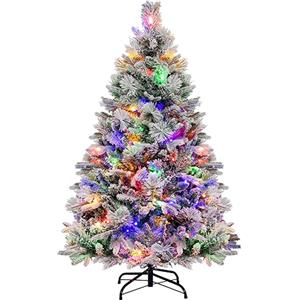 COSTWAY Albero di Natale Innevato 136/180/210 cm, Albero di Natale con 160/240/320 Luci LED, 472/850/1270 Rami di PE e PVC, 26/34/40 Pigne, Aghi di Pino e 8 Modalità di Illuminazione (136 CM)