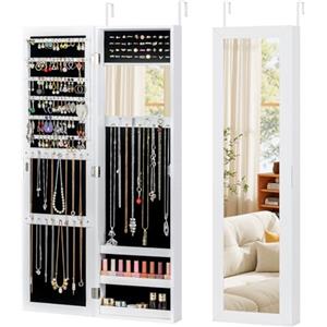 RELAX4LIFE Armadietto Portagioie da Parete/da Porta, Specchio Portagioie, Specchiera Portagioielli con Serratura, Organizzatore per Gioielli e Accessori (Classico,Bianco)