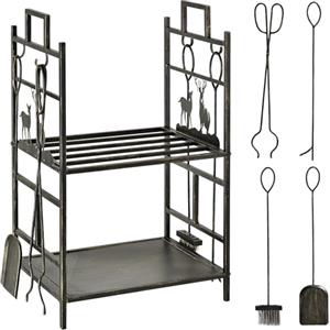 Outsunny Portalegna da Interno ed Esterno in Metallo con 2 Ripiani, Portalegna da Ardere con Scopa, Paletta, Pinza, Attizzatoio e Manici, Base Porta Legna Rialzata e Decori, 51.5x33x77cm, Oro e Nero