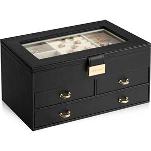 ADEL DREAM Portagioie a 3 Livelli con Fibbia in Oro Rosa, Custodia per Gioielli in Pelle PU, Regalo in Morbido Velluto per I tuoi Cari e Amici, Nerone-11-4