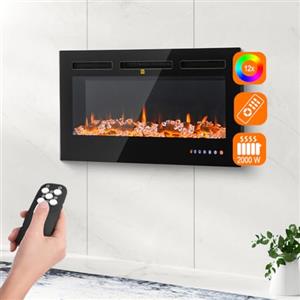 BAKAJI Camino Elettrico da Parete Incasso a Muro, Elettrocamino 3D con 12 modalità di colore LED Effetto Fiamma, Silenzioso Design Moderno, Stufa a Parete 36" Effetto Fuoco Naturale (Livigno 91 cm)