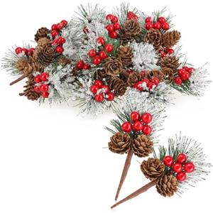 com-four® 20x rami decorativi con coni di larice, bacche rosse e aghi d'albero - granelli di Natale - rami decorativi per ghirlande e composizioni (6 pezzi - a scacchi rossi)