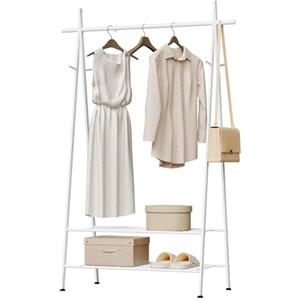 eSituro Stand Appendiabiti da Terra Moderno Porta Abiti da Camera con Ganci Attaccapanni Mobile Ingresso con 2 Ripiani in Metallo, Bianco