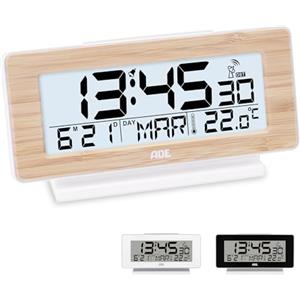 ADE Orologio digitale da tavolo | sveglia radiocontrollata da comodino | calendario | termometro | illuminazione | batteria inclusa | cornice di vero bambù