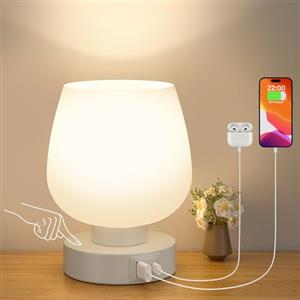 kakanuo Lampada da Comodino, Lampada da Tavolo Touch Dimmerabile in Vetro Bianco con Porte USB-C+A, Piccola Abat Jour da Comodino con Filo per Camera da Letto Soggiorno Ufficio(Lampadina Inclusa)