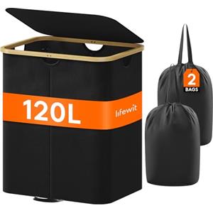 Lifewit 120L Grande Cesto Portabiancheria con Coperchio e Sacchi Rimovibili, Portabiancheria Sporca con Manici in bambù, Cesta Biancheria Pieghevole a 2 Scomparti per Camera, Bagno, Lavanderia, Nero