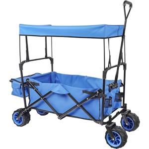 Wiltec Carretto a mano pieghevole, max 70 kg, tessuto impermeabile blu, Carrello spiaggia con parasole