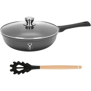 Stone&Stone Padella Wok Antiaderente Induzione 30 cm | Cucina Sana Senza Olio né Grassi | Rivestimento Tedesco Ultra Antiaderente GREBLON C3+ Ideale per Saltare e Cotture Light + Coperchio e Cucchiaio