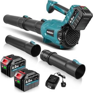 Yofidra Soffiatore per Foglie Senza Fili, 400 km/h, Motore Spazzole 23000 RPM, 6 Velocità, 2 Batterie 6.0Ah e Caricatore, Soffiatore a Batteria per Giardino, Foglie, Polvere e Neve