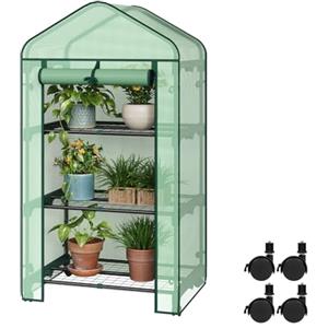 WOLTU Serra da Giardino, con Ruote, Serra da Balcone, 70x50x131cm, Copertura in PE 140g/m², Porta a Zip Avvolgibile, Serra per Svernamento con 3/4 Ripiani, per Interni ed Esterni, Verde