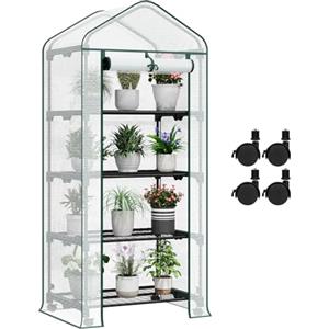 WOLTU Serra da Giardino, con Ruote, Serra da Balcone, 70x50x162 cm, Copertura in PE 140 g/m², Porta a Zip Avvolgibile, per Svernamento con 3/4 Ripiani, per Interni ed Esterni, Bianco