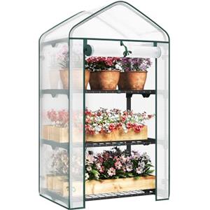 WOLTU Serra da Giardino a 3 Ripiani, Serra da Balcone con Porta Avvolgibile, Telo in PE Impermreabile, Tetto a Punta, Telaio in Metallo Bianco, 69x49x125 cm