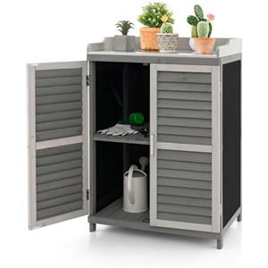 RELAX4LIFE Armadio da Esterno in Legno e Metallo con Piano Zincato, 2 Ripiani e Ante a Doghe, Porte Avvolgibili, Ideale per Terrazzo, Balcone o Giardino (67×47×100 cm)