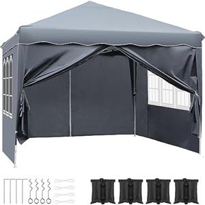 LIFERUN Gazebo Pieghevole 3x3 Impermeabile con 4 PCS Sacchi di Sabbia, UV 50+ 4 Pareti Laterali, Tenda da Campeggio, Giardino, Festival e Feste Grigio