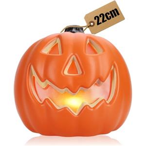 com-four® Zucca con illuminazione LED & timer (6h acceso/18h spento) - decorazione di Halloween per ingresso & finestra - zucca XL in plastica con faccia spaventosa (arancione - XL con timer)