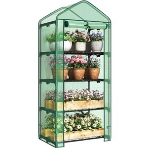 WOLTU Serra da Giardino a 4 Ripiani, Serra da Balcone con Porta Avvolgibile, Telo in PE Impermreabile, Tetto a Punta, Telaio in Metallo Verde, 69x49x158 cm