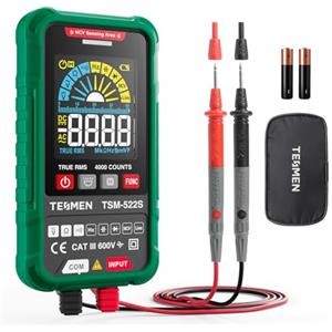 TESMEN TSM-522S Multimetro Digitale, Tester Elettricista TRMS 4000 Conta, Voltmetro Misura Tensione AC/DC, NCV, Diodi, Capacità, Resistenza, Continuità, Frequenza e Filo Sotto Tensione - Verde