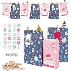 ANPLUS Calendario dell'Avvento, Gift Paper Bags to Fill Yourself Crafts Penguin Advent Bags (Pink And Haze Blue)