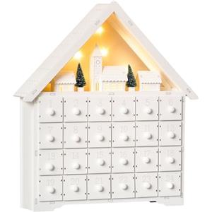 HOMCOM Calendario dell'Avvento in Legno da Riempire con 24 Cassetti e Villaggio di Natale con Alberi e Luci, 39x9x42cm