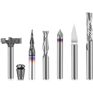 FoxAlien Kit essenziale per fresatrice CNC con gambo da 1/4", include pinza ER11 da 1/4", punta a V, frese a terminale, punta per smussatura per la lavorazione del legno in resina MDF, intaglio e