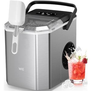 WIE Macchina Ghiaccio, 1.5L Macchina del Ghiaccio, 9 Cubetti di Ghiaccio in 6 Minuti, con Maniglia/Cestello/Pala/Silenzioso, Acciaio Inossidabile