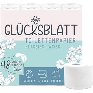 Glücksblatt carta igienica super morbida con goffratura fortunata, 3 strati, 48 rotoli x 150 fogli, 100% cellulosa, ideale per campeggio