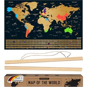 envami® Mappa del Mondo da Grattare - Con Telaio - 68 X 43 CM - Idee Regalo - Mappamondo da Grattare con Bandiere - Scratch off Map - Mappa da grattare - Cartina Mondo da grattare - Oro Inglese