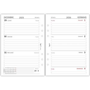 Agendepoint.it - Ricambio agenda organizer settimanale BI-LINGUA 15x21cm A5 6 fori - 90 grammi bianco - 2026