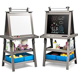 GYMAX Cavalletto per Bambini 3 in 1, Lavagna Magnetica con Doppia Faccia,2 Vassoi e 2 Scatole, Cavalletto per Dipingere, Inclusi Carta per Dipingere e Magneti, 59 x 50 x 117 cm (Grigio)