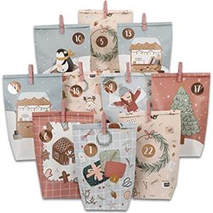 Papierdrachen Calendario dell'Avvento da riempire, 24 sacchetti regalo stampati blu ghiaccio e rosa e 24 adesivi con numeri e mollette - motivo blu ghiaccio - per fai da te e regali - Natale