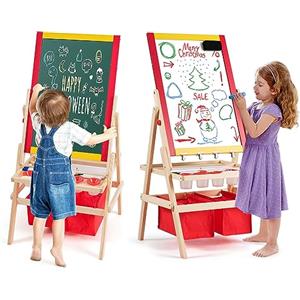 COSTWAY Cavalletto per Bambini 3 in 1, Lavagna Bifacciale, Cavalletto per Disegnare, con Rotolo di Carta, Magnetica, Accessori Completi, in Legno (52,5x51,5x106,5cm)