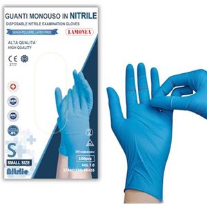 LAMONEA - 100 Guanti Azzurri Monouso in nitrile AQL 1.0 - Certificato CE - Senza Polvere di Alta Qualità confezione da 100 pezzi (taglia S) - NGBEM10014