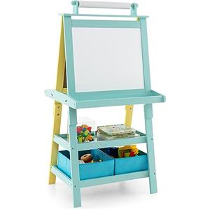 GYMAX Cavalletto per Bambini 3 in 1, Lavagna Magnetica con Doppia Faccia,2 Vassoi e 2 Scatole, Cavalletto per Dipingere, Inclusi Carta per Dipingere e Magneti, 59 x 50 x 117 cm (Giallo)