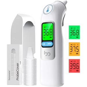 Femometer Termometro per la febbre per adulti e bambini, termometro per orecchie ad alta precisione, 30 memoria, allarme febbre a 3 colori, con 21 coperture monouso e scatola di immagazzinaggio