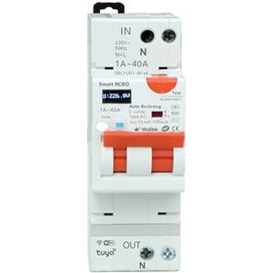 Smart-Home Salvavita Differenziale Wi-Fi con Riarmo Automatico e Display - 1-40A, 9kW max, 10-100mA Tipo AC - App Tuya con Misure: Corrente Residua, Intensità, Potenza, Tensione, Temperatura, Consumo