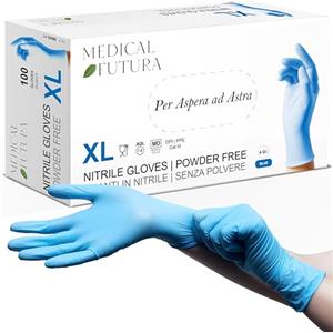 MEDICAL FUTURA - 100 Guanti in Nitrile XL Blu Monouso Anallergici Gr. 4.5, Senza Polvere, Senza Lattice, Ottimi per Estetisti, Tatuatori, Officine, Ambiti Medici e Manipolazione Alimenti (XL, Blu)