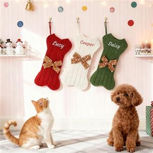 Generico Calza Natalizia Personalizzata con Nome Ricamato, Calza della Befana a Forma di Osso in Maglia, Decorazioni Natalizie Grande 42cm Colori Rosso & Verde & Bianco per Famiglia (1 Pezzo)