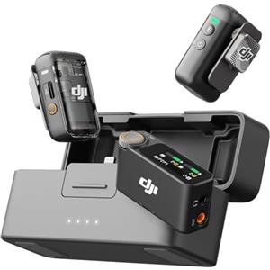 DJI Mic 2 (2 TX + 1 RX + Custodia di ricarica), microfono wireless integrato, eliminazione intelligente del rumore, registrazione interna in float a 32 bit, 250 m di distanza, per iPhone e Android